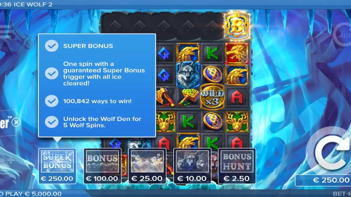 Tampilan visual slot Ice Wolf 2 dengan latar belakang pegunungan es dan grid permainan yang membeku.