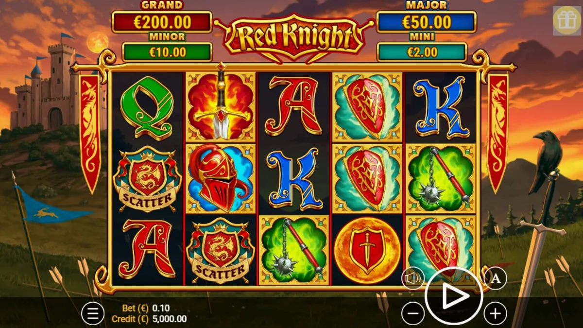 Tampilan visual slot Red Knight dengan latar belakang kastil yang terbakar dan simbol ksatria.
