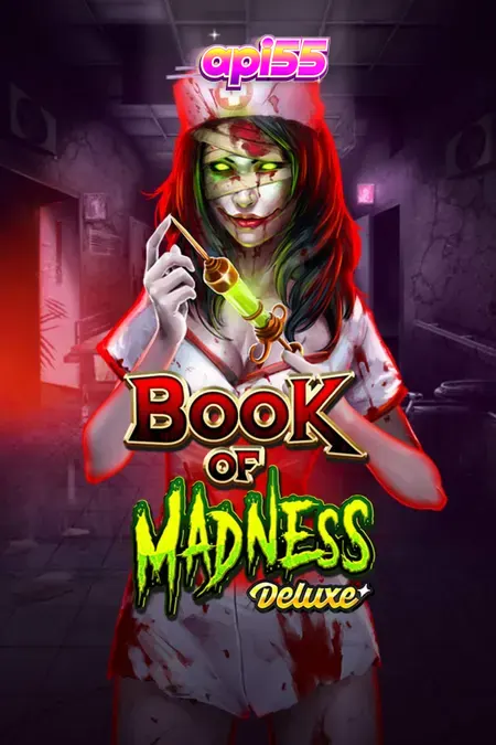 Tampilan visual slot Book of Madness Deluxe dengan tema horor rumah sakit jiwa